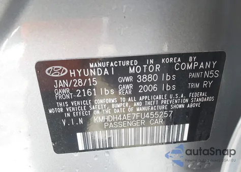 2015 Hyundai Elantra Limited from USA, damaged, VIN KMHDH4AE7FU455257